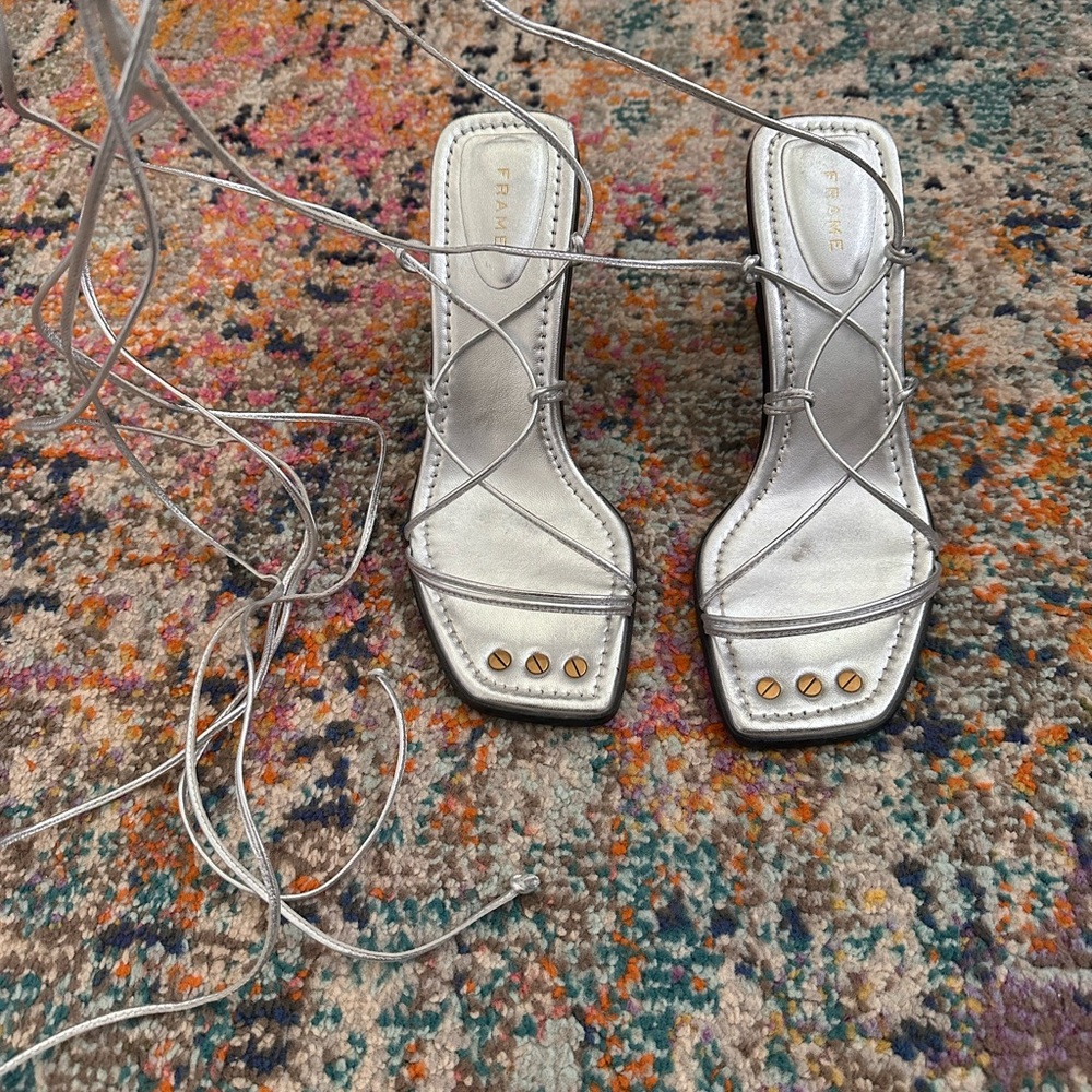 Frame Denim Silver Sandals with Gold Details